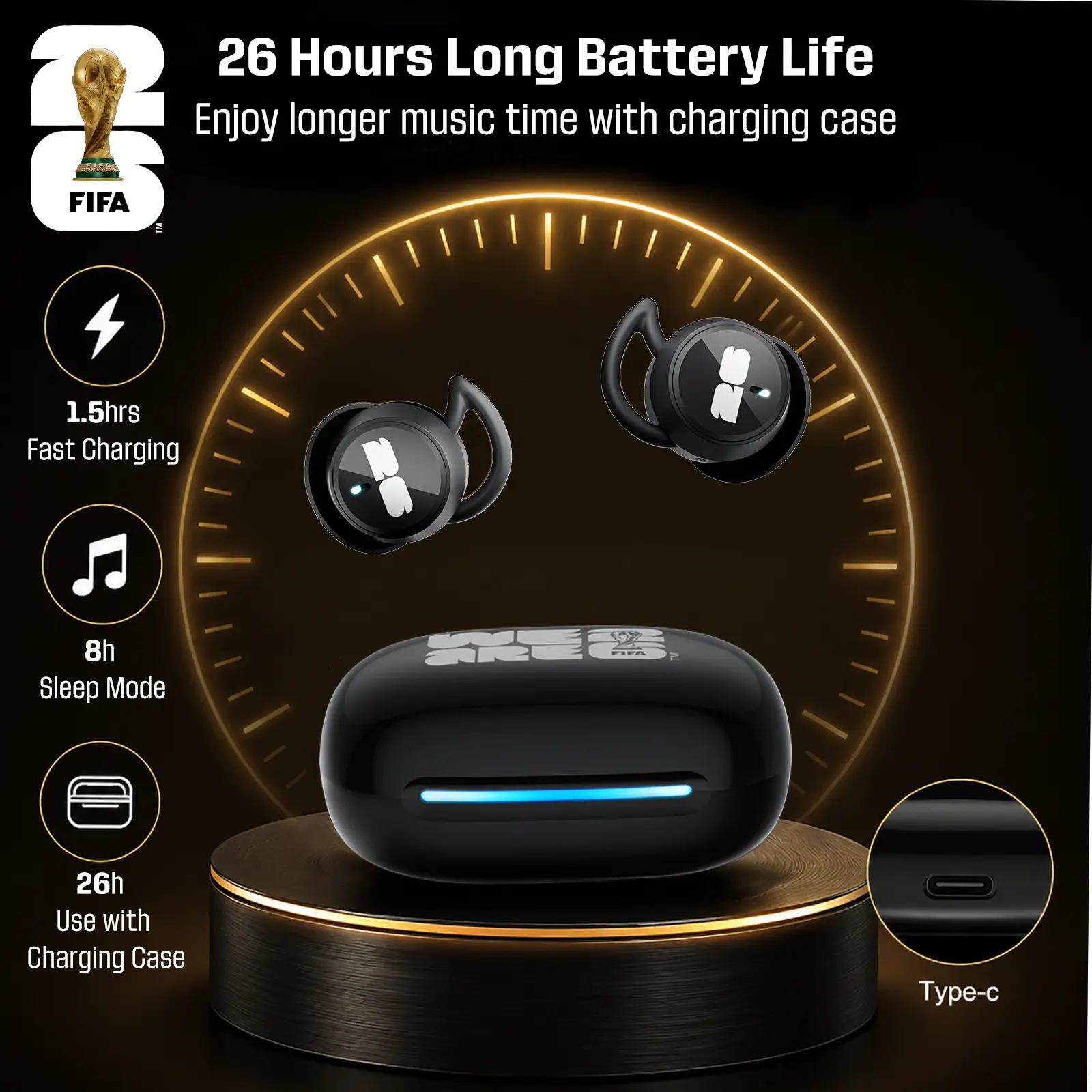 FIFA 2026 Officially Licensed ANC Bluetooth In Ear Earphones Low Latency 26H Battery Multi Device Pairing Wireless Headphones Soccer Fan Collectible Gift For Phone Laptop Tablet