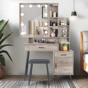 Particleboard Triamine Veneer Iron Legs 2 Drawers 1 Door 2 Shelves Mirror Cabinet 3 Light Bulbs Dressing Table Set Grey