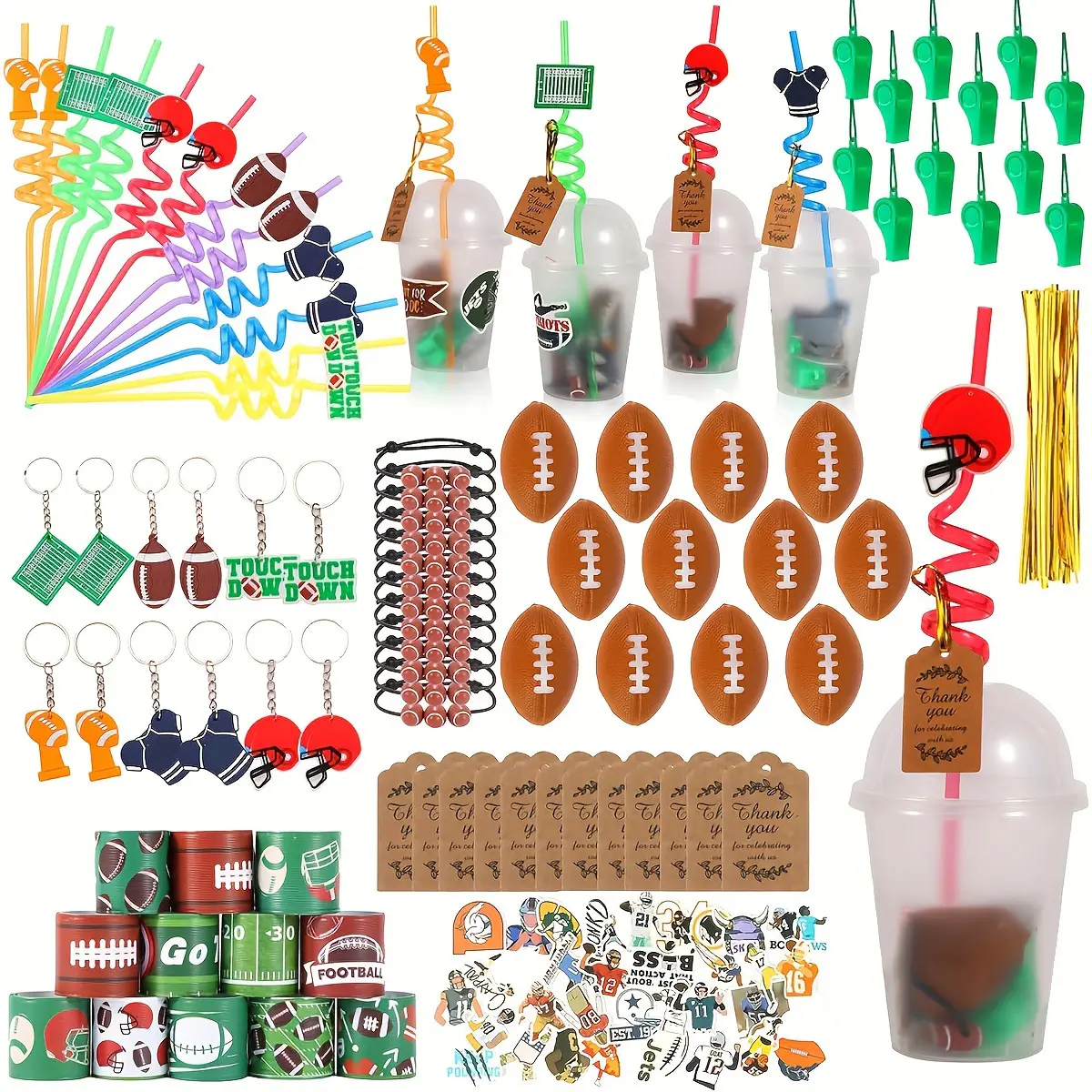 158-Piece Plastic Rugby Party Favors Assortment - Child-Focused Boxed Assortment Party Supplies Set with Dome Cups, Straws, Whistles, Slaps Bracelets, Keychains, Stickers, Mini Rugby Balls, Thank You Tags for Birthday Decor & Sport Themed Gifts