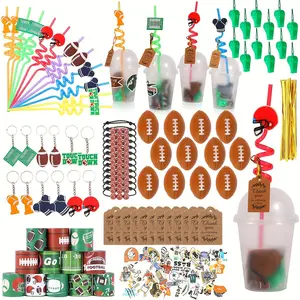 Rugby Party Favors, 158 pcs Birthday Party Supplies Includes Cups, Straws, Whistles, Slaps Bracelets, Keychains, Stickers, Mini Rugby Balls, Thank You Tags for Sport Themed Birthday Decors Gifts