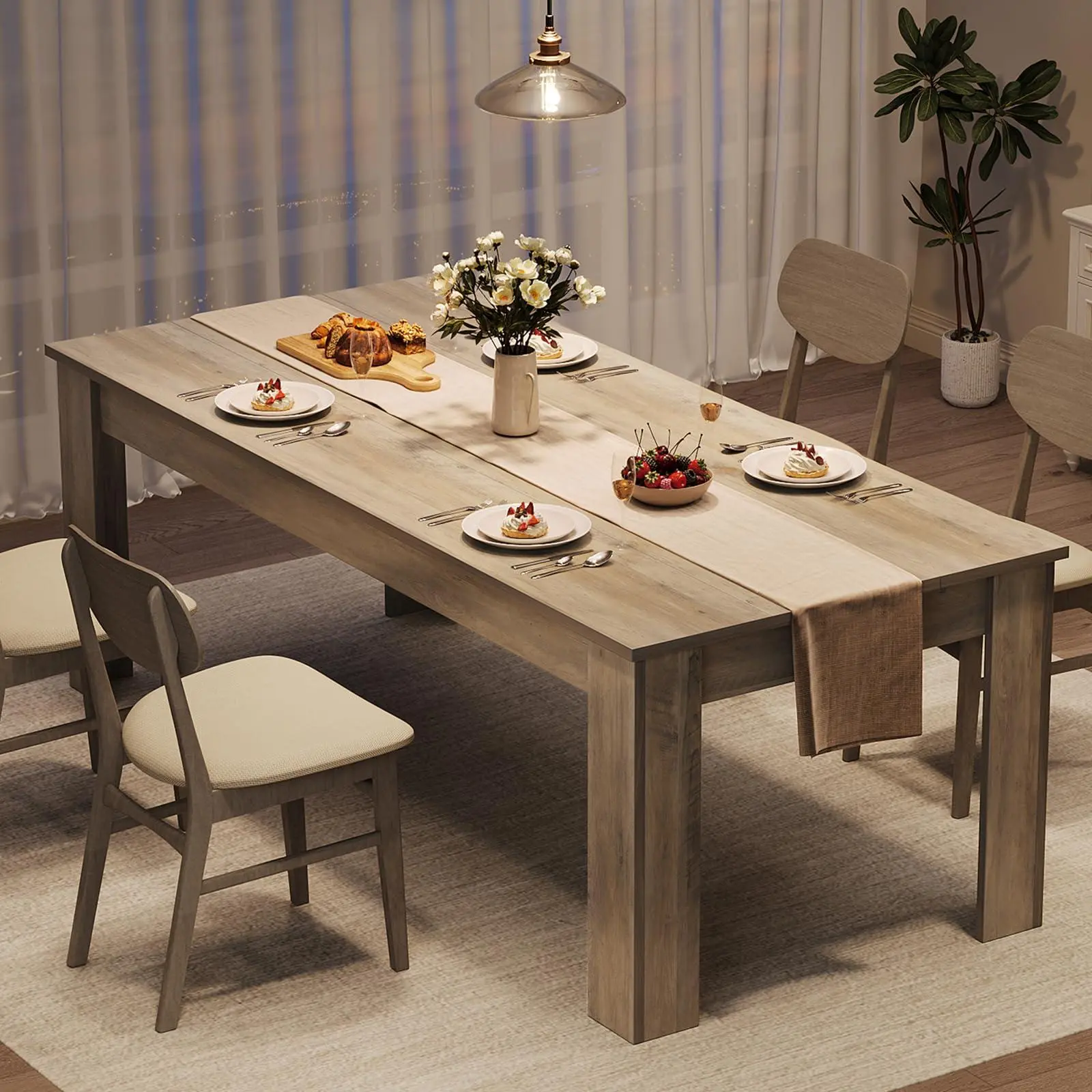 Garvee 71" Long Dining Table for 6-8, Large Farmhouse Rectangular Kitchen Dining Room Table, Wooden, Thick Frame & Sturdy Triangular Legs, Wood Strip Base for Dinner, Kitchen, Office, Rustic Gray