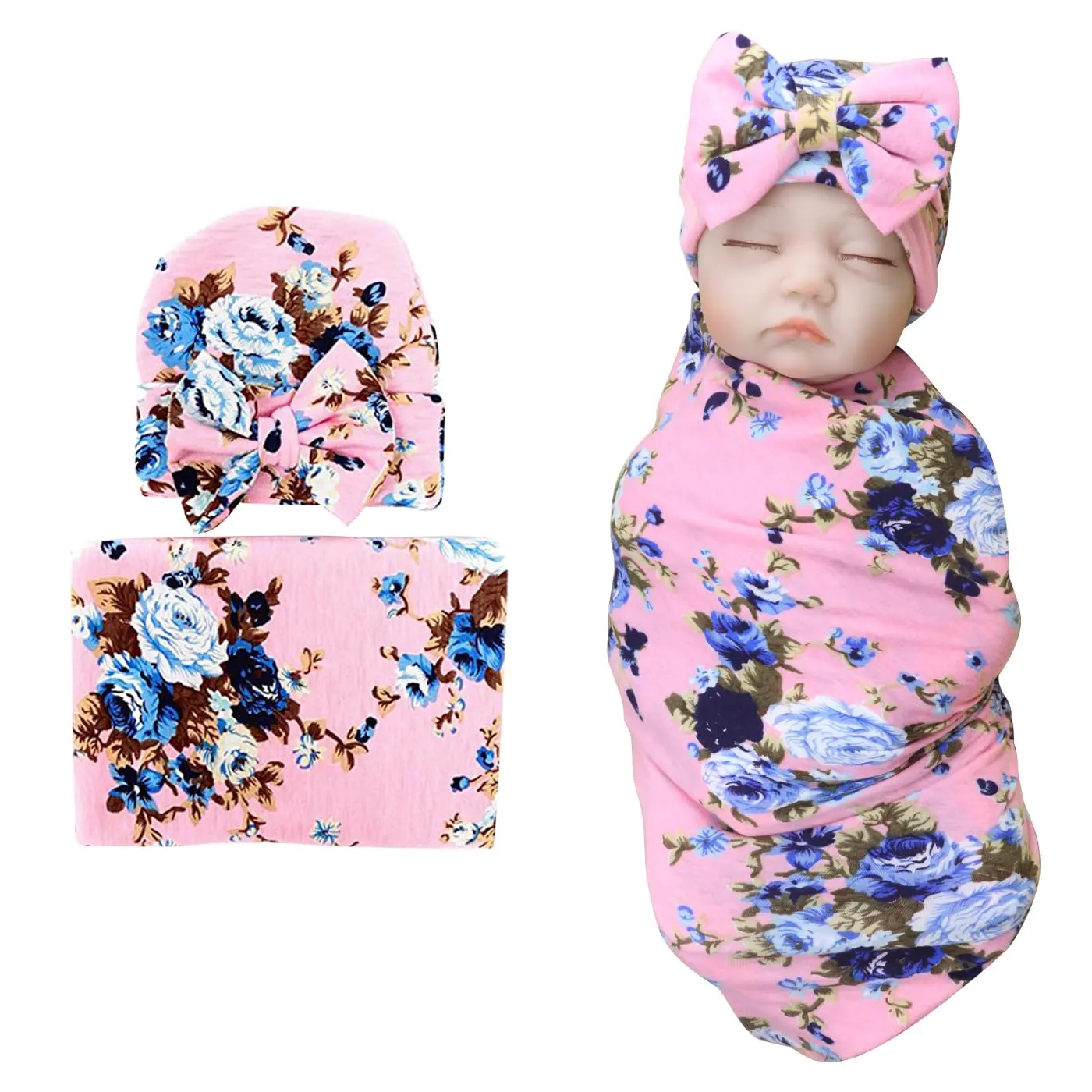 Newborn Swaddle Wrap with Bow Hat Set Floral Print Baby Swaddle Blanket Soft Comfortable Baby Room Swaddle Wrap for Newborns 0-3 Months