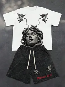 Men's & Women's Medusa Portrait Print Casual Round Neck Short Sleeve T-Shirt, Drawstring Waist Shorts Set, Streetwear Fall