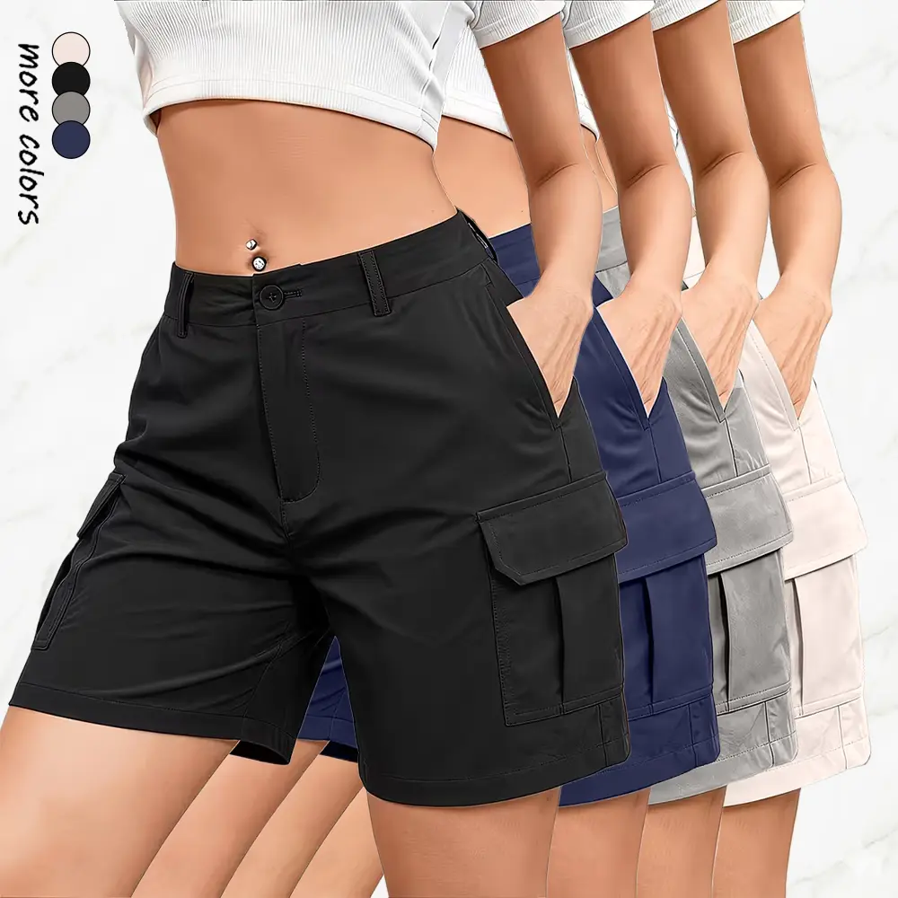 Women's Summer Cargo Shorts (Single Pack) - Womenswear Bottom, Button Waist, Large Patch Pockets, Solid Color Minimalist Design, Ideal for Casual Daily Wear & Outdoor Activities.Summervibes