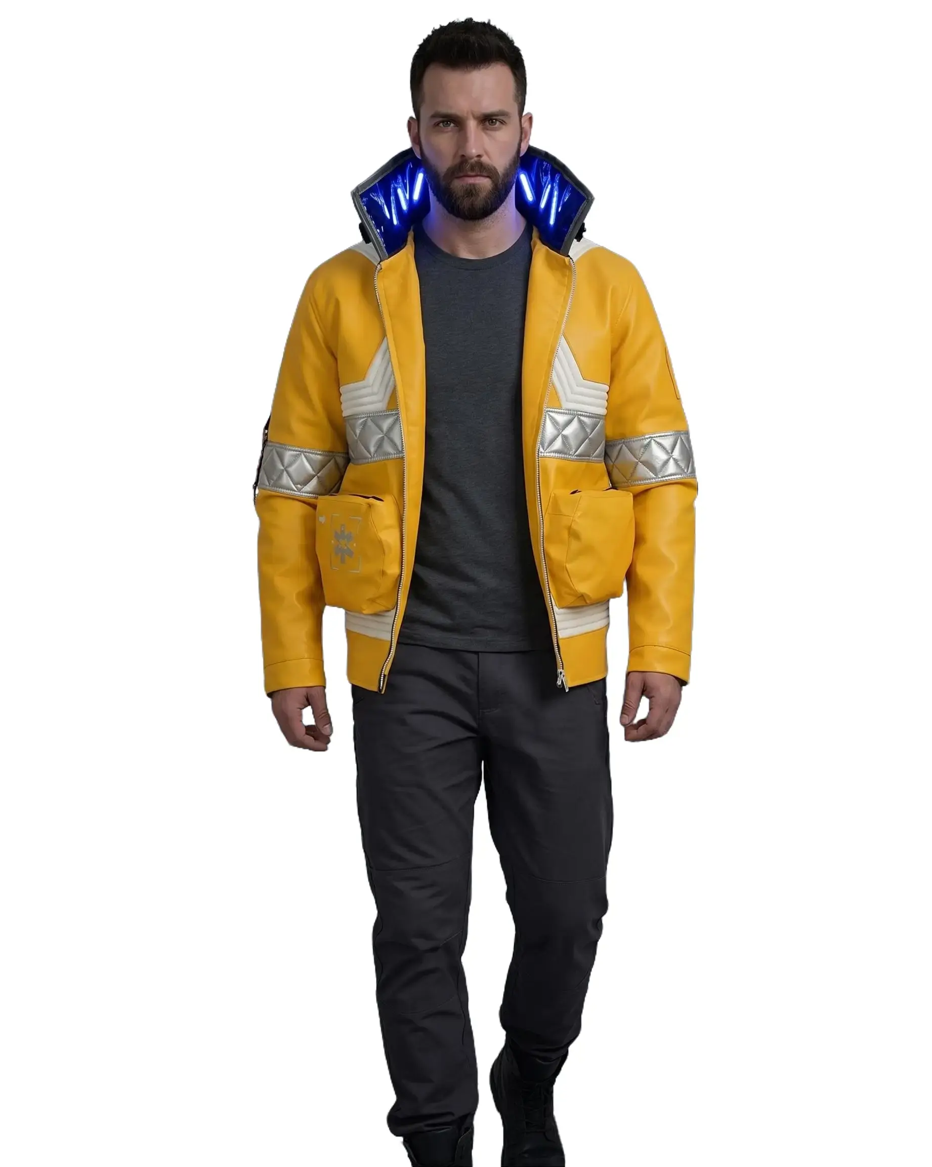 Q*Leather Anime Cyberpunk Edgerunners David Martinez Cosplay Costume Stand Collar Neon Yellow Jacket Hoodie Zipper Coat Punk Adult Men Halloween Vegan Leather Jacket Personalized Jacket David Martinez Cosplay Anime Cosplay Outfit Padded Stripes