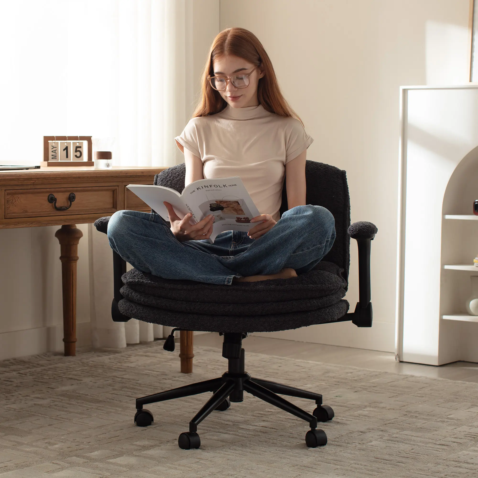 【Deals for you】Dowinx Criss Cross Chair with Adjustable Flip-up Arms and Wheels, Comfort Ergonomic Office Desk Armchair with 3 Layer Cushions, Wide Seat Vanity Chair for Home Office, Living Room, Bedroom