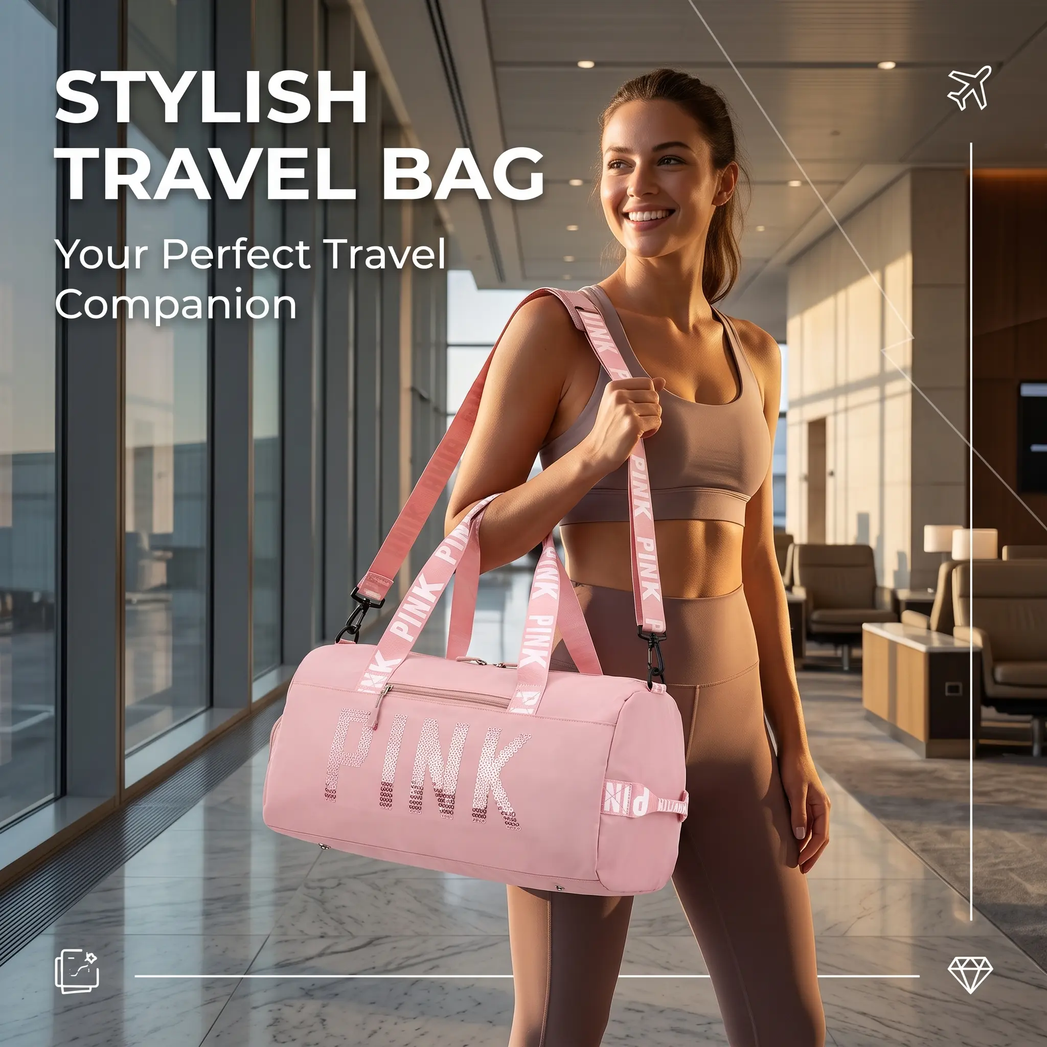 Pink Letter Print Duffel Bag, Large Capacity Waterproof Gym Bag with Separate Shoe Pocket, Dry Wet Separation Sports Travel Shoulder Duffle Bag for Yoga Swimming Weekend Trip