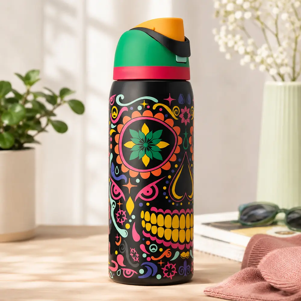 Owala Colorful Sugar Skull Print Water Bottle with Flip Lid – Vibrant Day of the Dead Reusable Travel Bottle for Women, Men & Teens, School, Gym, Work & Daily Use