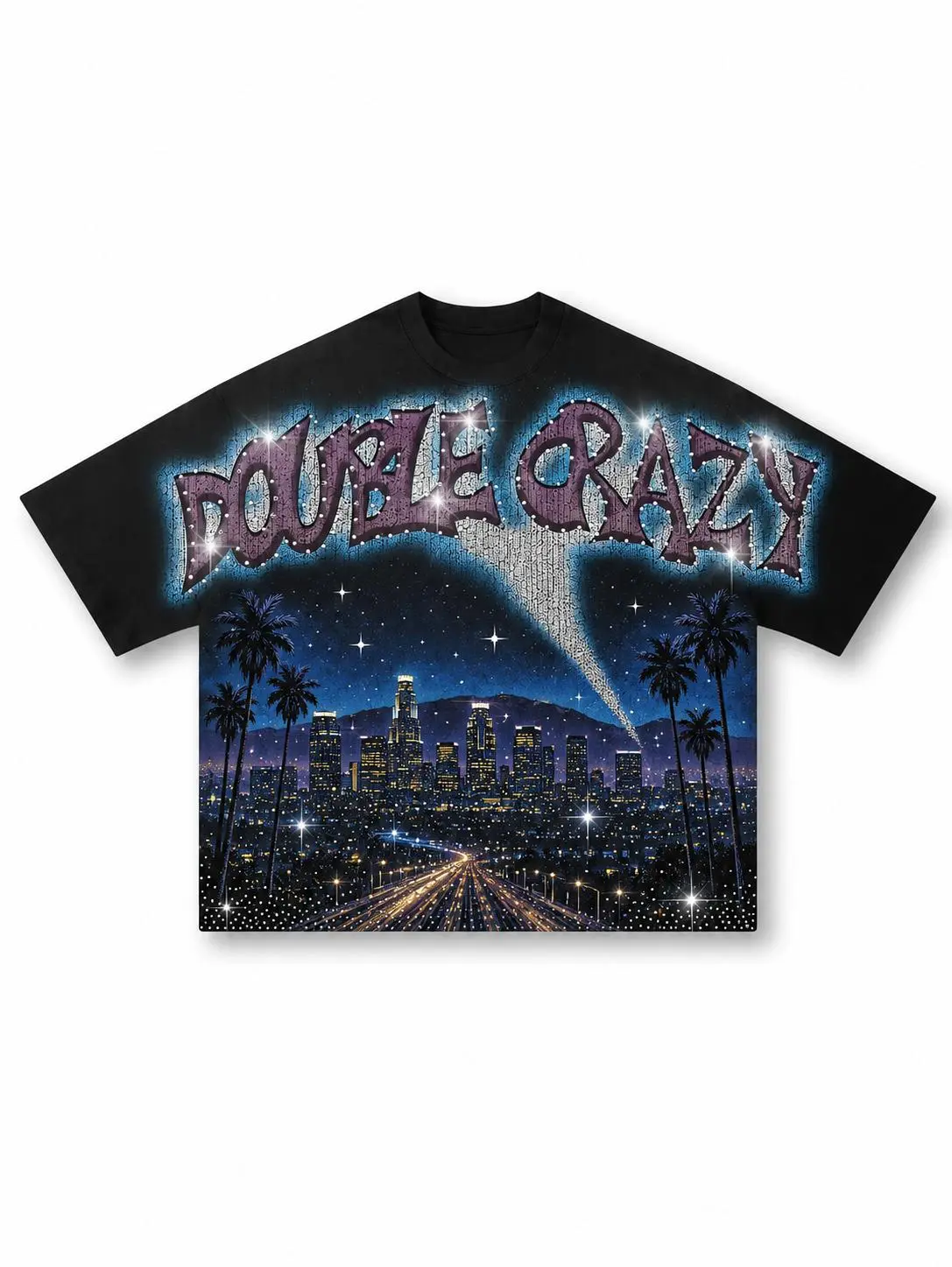 Y2K Streetwear Sparkle Graphic Tee Unisex Oversized Black Short Sleeve T-Shirt Premium Cotton Blend Heavyweight Glitter City Skyline Print Hip Hop Retro Casual Top Gift