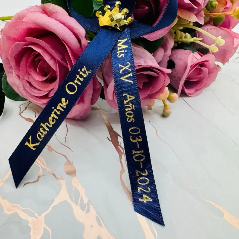 Customized Blue Ribbons with White Rose Accent - Office Stationery, Party Decorative Supplies, Quinceañera Event Gifts, Gift Wrapping, Blue Ribbon Gifts & Wrapping