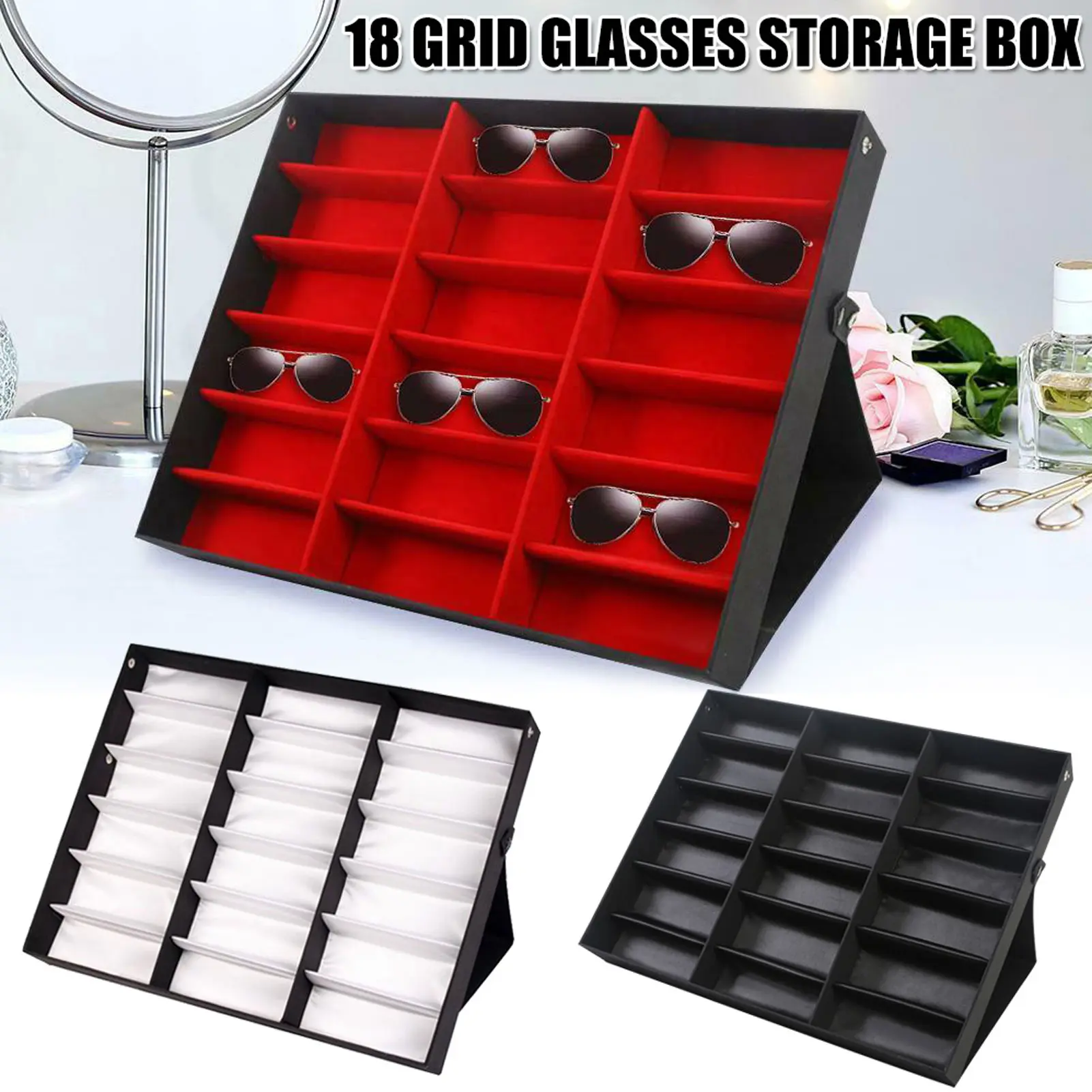 Upgraded 18-Slot Fashion Glasses Organizer Box With Multiple Compartments, Shop Glasses Display Props Counter With Clear Lid, Foldable Stand, Fabric Lined & Snap Close
