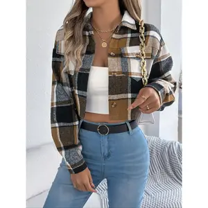 Women's Plaid Print Button Front Drop Shoulder Crop Jacket, Casual Style Long Sleeve Pocket Collared Outerwear for Fall & Winter, Ladies Clothes for Daily Wear