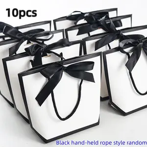 10pcs Paper Bow Bags with Trim, Simple Solid Color Shopping Bags for Halloween, Thanksgiving, Christmas, Wedding, Party Use, Gift Wrapping Supplies