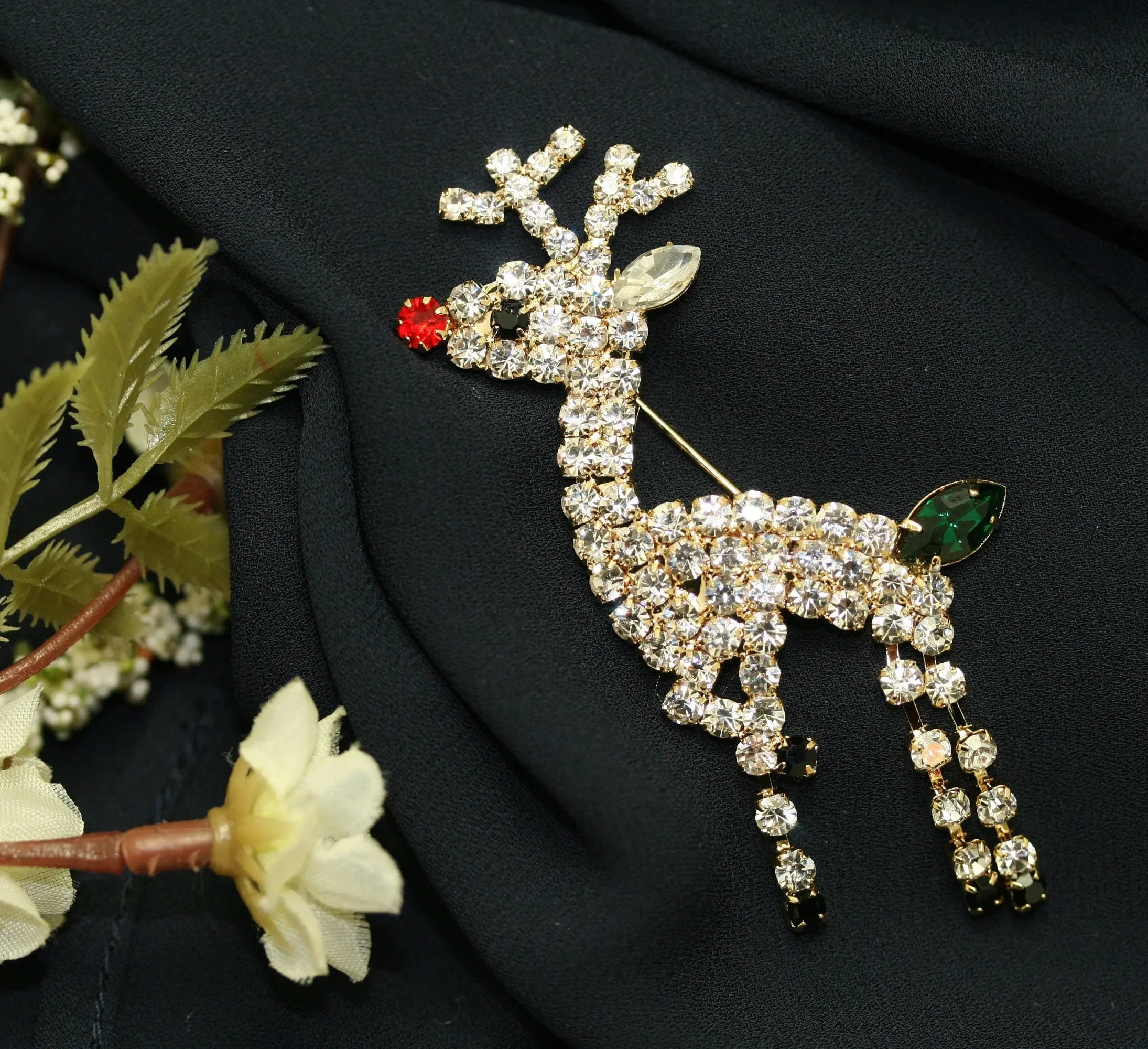 Rhinestone Embellished Rudolph Reindeer Christmas Brooch Pin - Movable Legs, Fashion Collar Clip Accessory for Xmas Holiday Gifting