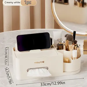 1 Multifunctional Cosmetic Storage Box - Tissue Holder Makeup Display Cabinet with 360 °   Rotating Makeup Brush Holder, Desktop Organizer, Suitable for Bedroom, Vanity, Bathroom, Living Room, Office, Perfume Organizer