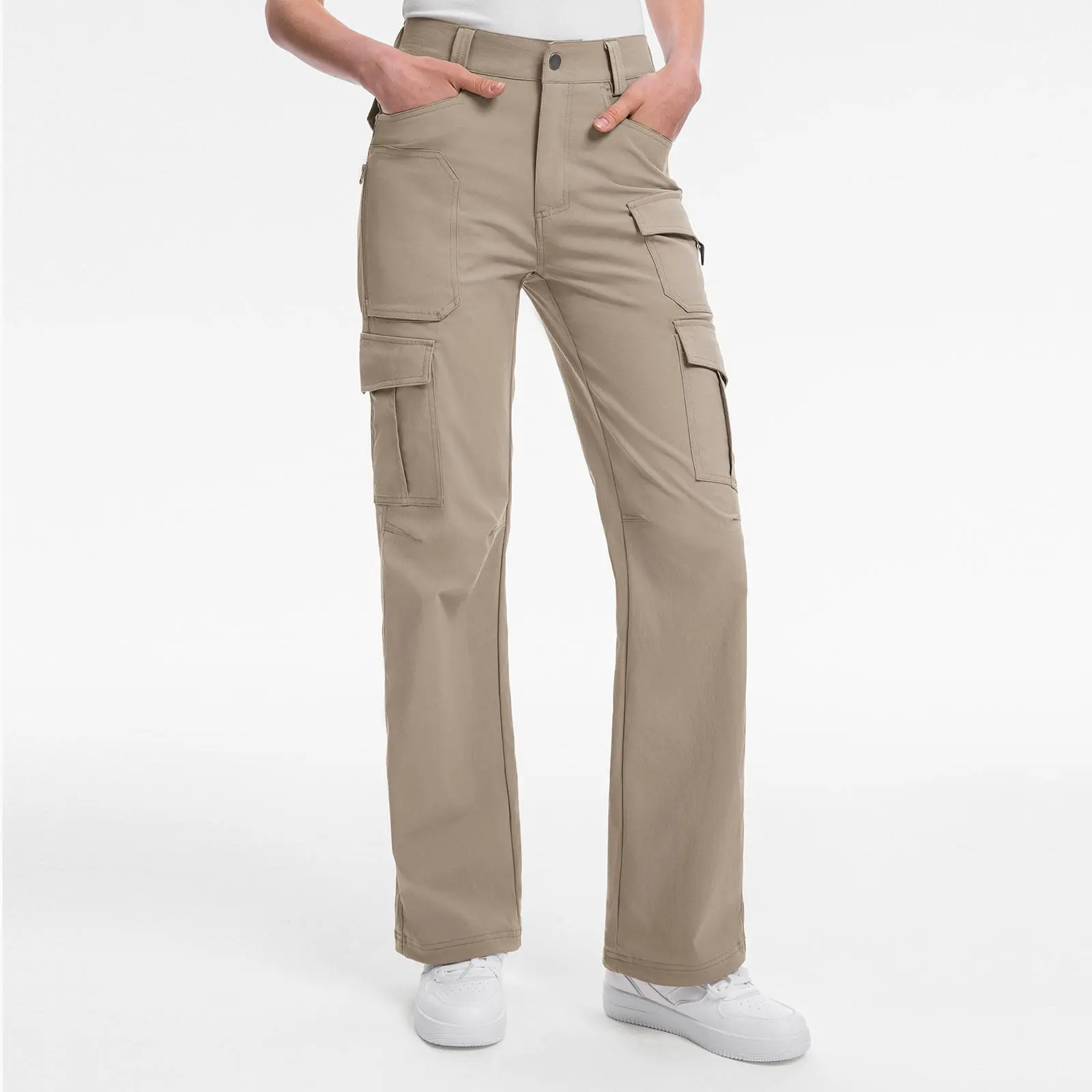 Moosehill Women's High-Waist Casual Sport Trousers - Lightweight Outdoor Cargo Hiking Clothes, Drawstring Cinch Bottom, Multiple Pockets, All-Seasons Activewear (W038)