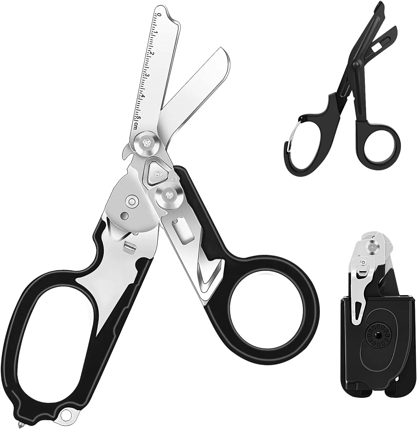 6 In1 Multifunction Emergency Response Shears, Stainless Steel Foldable Trauma Shears with Strap Cutter and Glass Breaker,Medical Scissors with Holster and Penlight