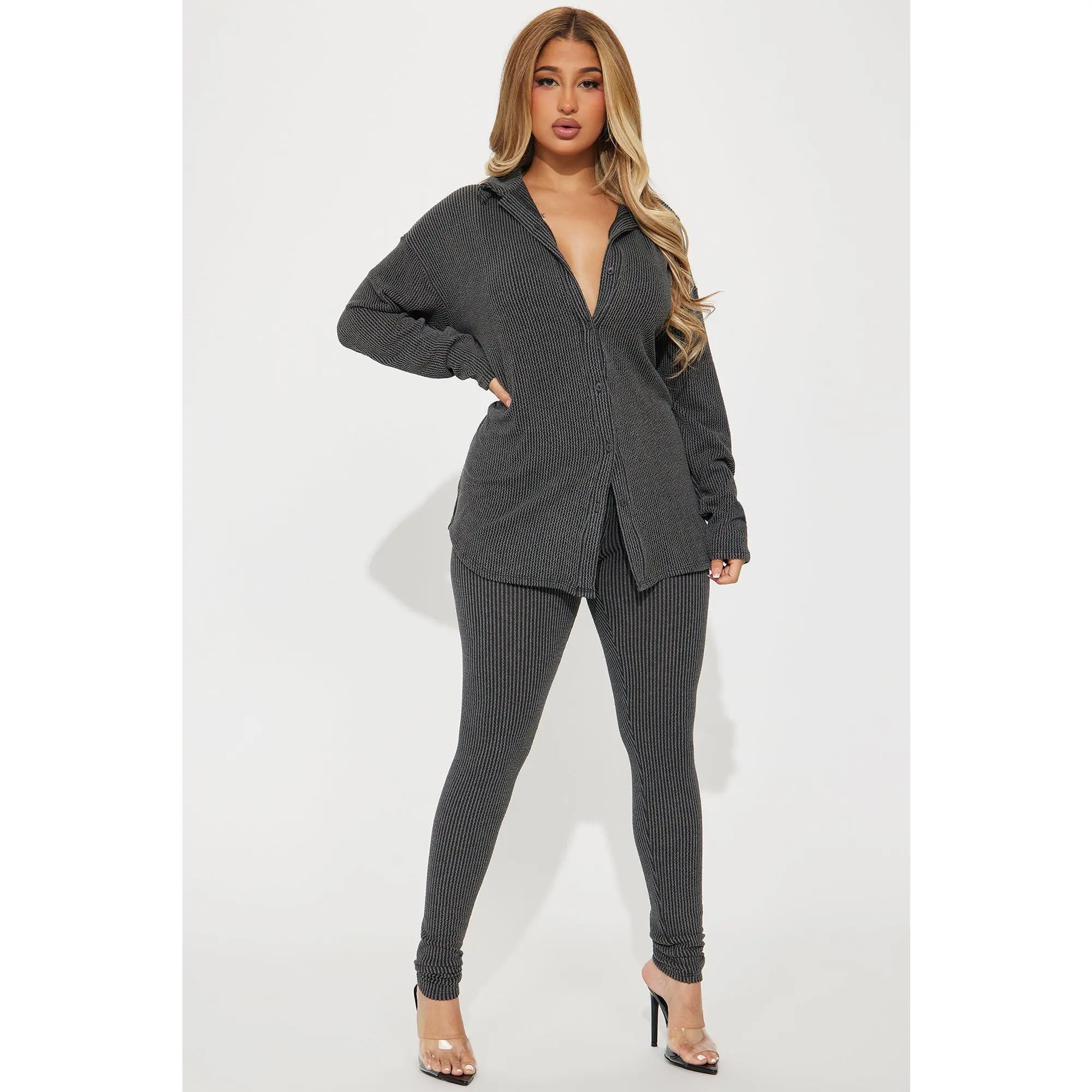 Maddie Ribbed Legging Set - Charcoal
