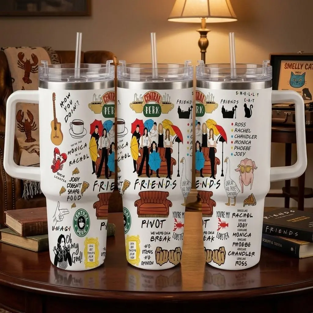Friends TV Show Car Cup (40oz/30oz) Central Perk Print Cartoon Iconic Quotes Design Durable Stainless Steel Double Wall Insulated Tumbler Suitable for Office Home Travel Gift Party