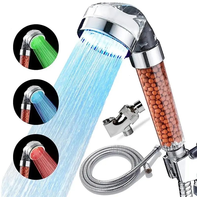 LED Shower Head Set, 1 Set High-pressure Filter Handheld Shower Head with Hose and Bracket, Bathroom Set, Waterfall, Rain Shower Head, Showerhead Set