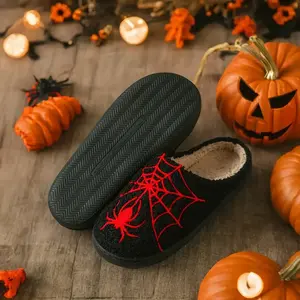 Men's Fashion Halloween Style Spider Web Pattern Hollow Slippers, Comfortable and Non-Slip Warm Leisure Slippers, Men's Novelty Slippers