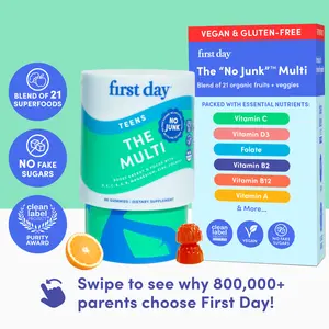 First Day Teen Multivitamin Gummies Ages 13-17, Natural Orange Flavor — 21 Organic Superfoods, Vitamin C D3 B12 Magnesium Zinc — Focus, Mood, Immunity, Energy, Clear Skin — 30-Day Supply, Vegan, Gluten-Free, No Junk