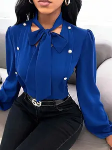 Women's Bow Tie Neckline Fashion Top, Button Design, Perfect for Daily Wear and Travel, Stylish Casual Blouse Shirts Nk-Fm322