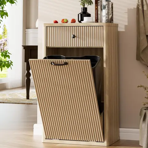AHB 13-Gal Freestanding Fluted Wood Trash Can Cabinet - 35.16"h, Hidden Tilt-Out Recycling Bin Ready, Small Item Drawers, Pet-Proof Indoor Cupboard, Microwave-Holdable Top, for Organizing Kitchen Home Goods, Household Decor, Bathroom Use