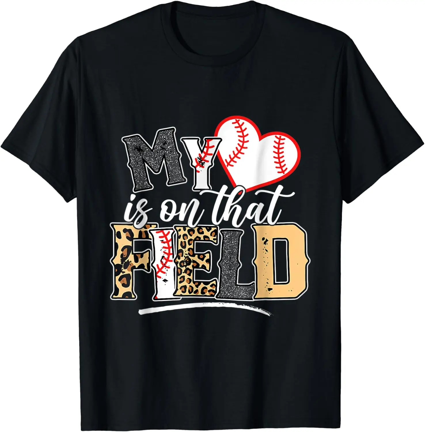 My Heart Is On That Field Mother's Day Baseball Mom Women T-Shirt Women T Shirt, Short Sleeve Round Neck Casual Top For Summer & Spring, Women's Clothing