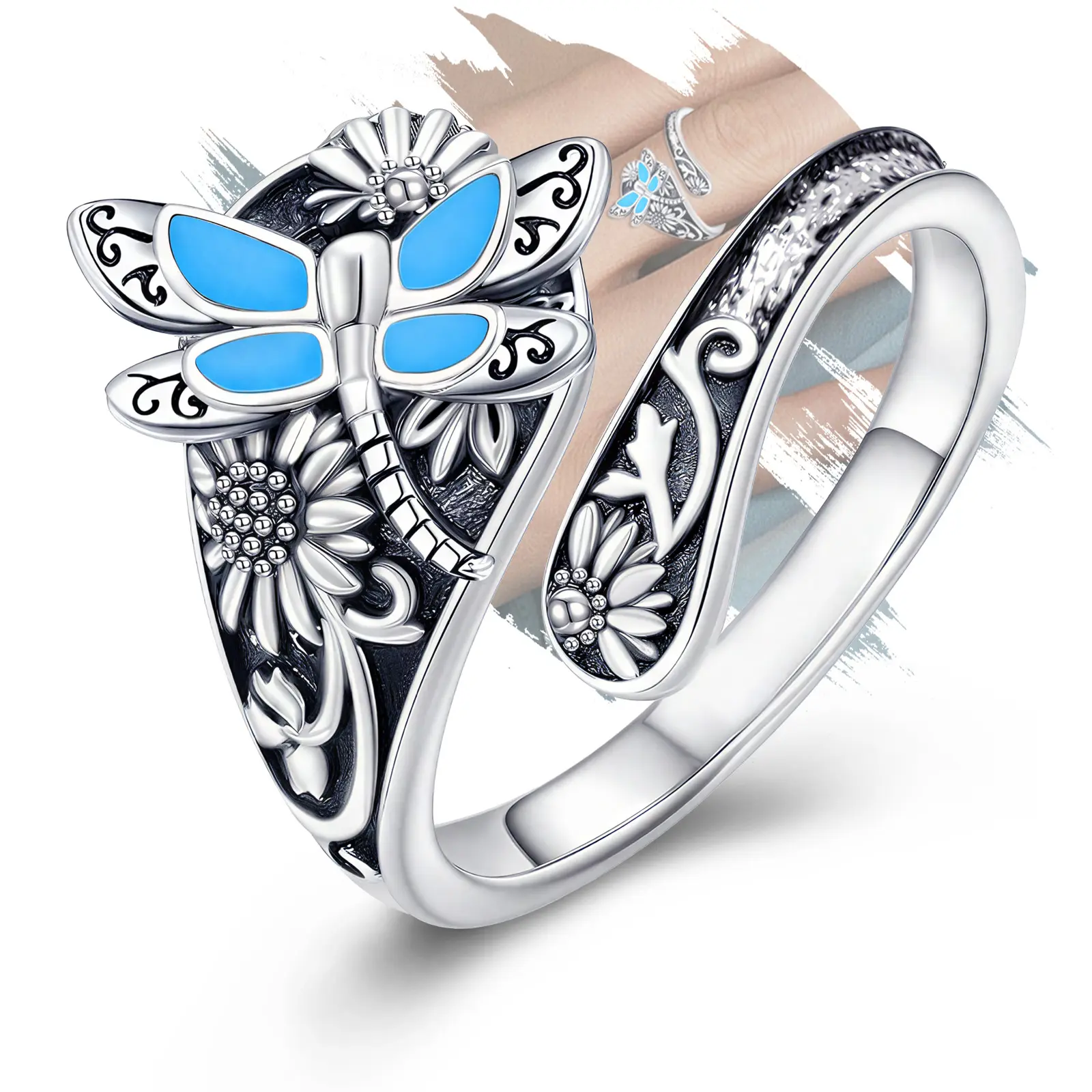 Sterling Silver Dragonfly Spoon Ring for Women Elegant Vintage Adjustable Boho Sunflower Thumb Oxidized Wrap Rings Victorian Style Antique Floral Jewelry for Ideal Gifts