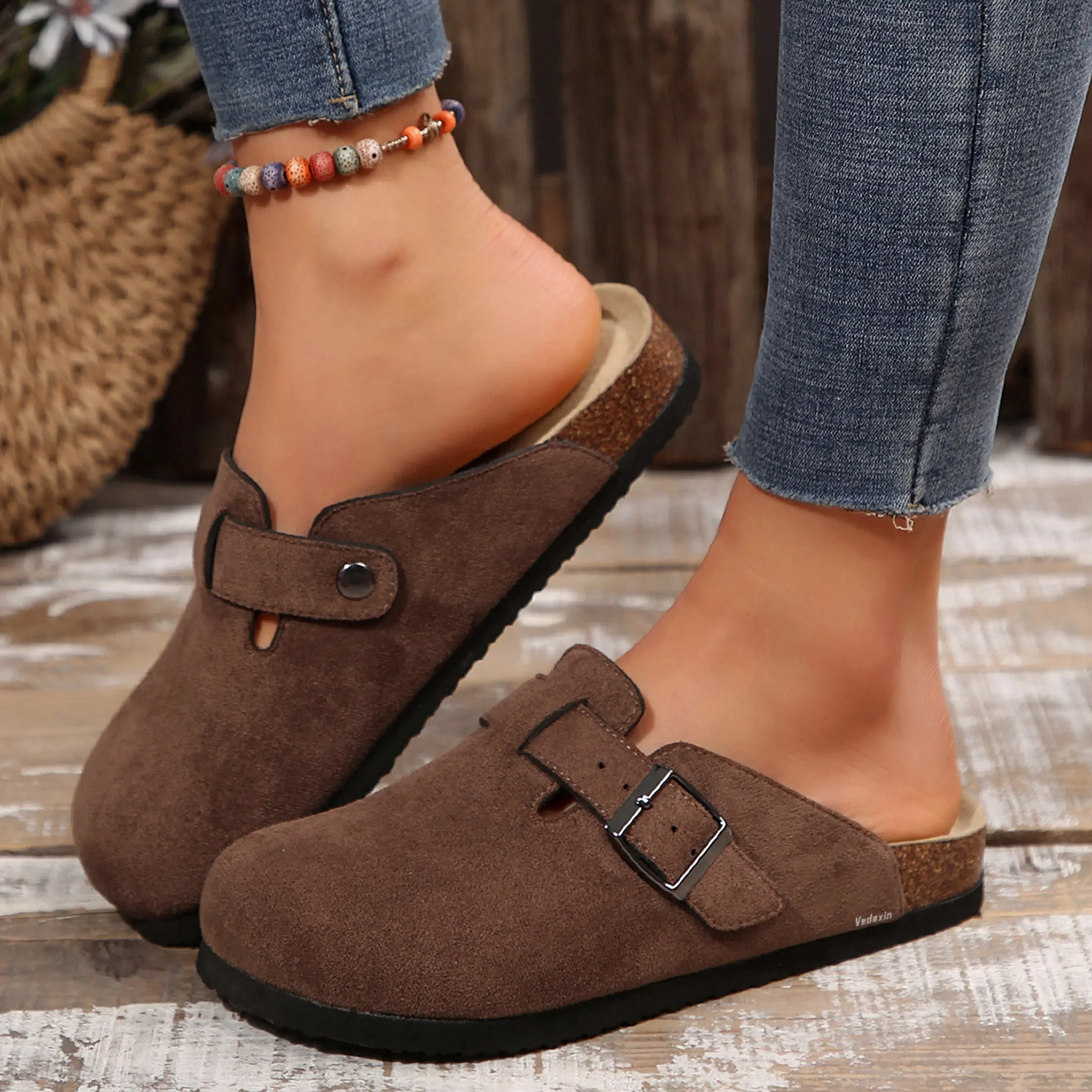 Womens Suede Half Head Sandals Comfort Soft Cork Sole with Adjustable Buckle for Outdoor Indoor Slippers