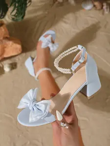 Fashion High Heel Sandals for Women, Open Toe Sweet Style, Butterfly Knot, Pearl Buckle, Summer Thick Heel, Casual Daily Wear Footwear