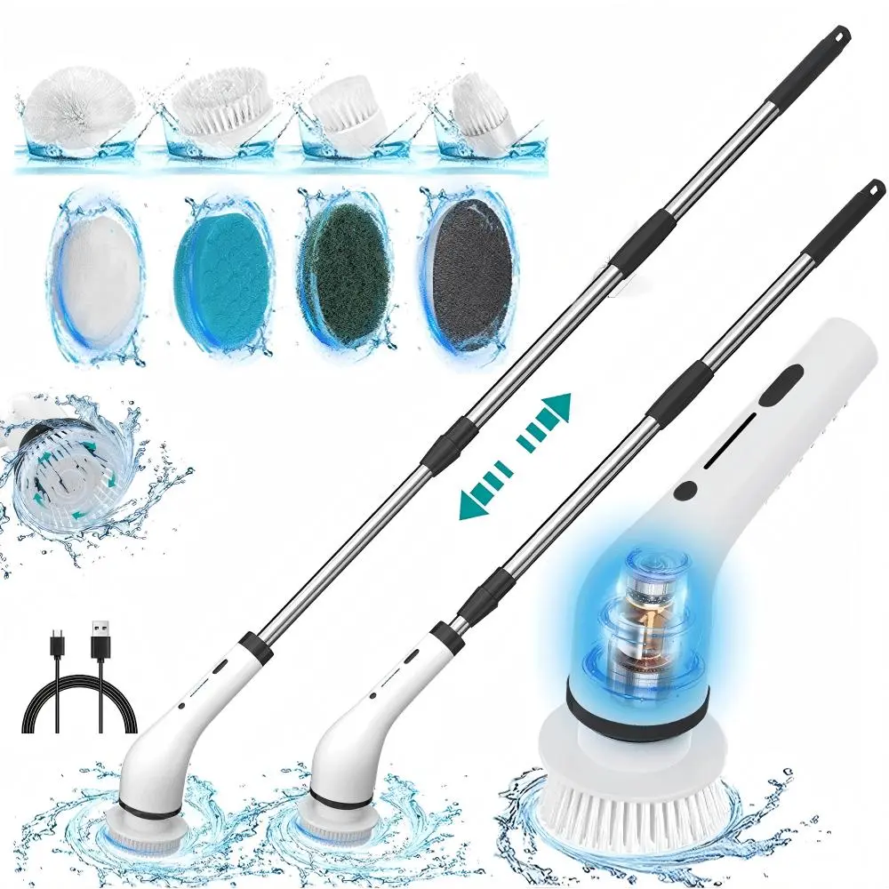Electric Spin Scrubber,Cordless IPX7 Shower & Bathroom Cleaner,Long Battery Life,Adjustable Speed,Extendable Handle,Multi-Surface Cleaning Brush Kit Summervibes
