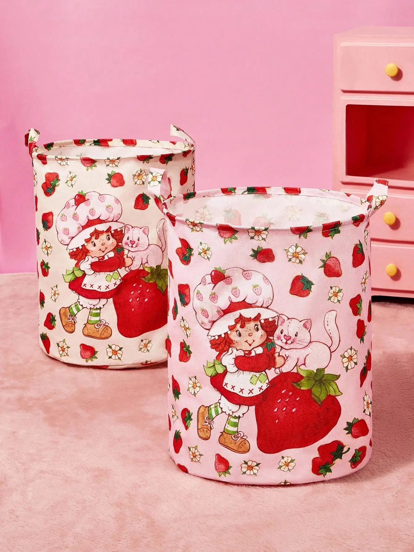Strawberry Shortcake Printed Thick Fabric Laundry Basket - 1Pc Laundry Organizers and Storage for Dirty Clothes, Toys, Home Use