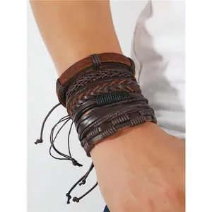 6pcs European & American Multi-Layer Leather Braided Bracelet Sets For Men, Minimalist Fashion Accessories Suitable For Daily Wear, Gift For Friends & Family