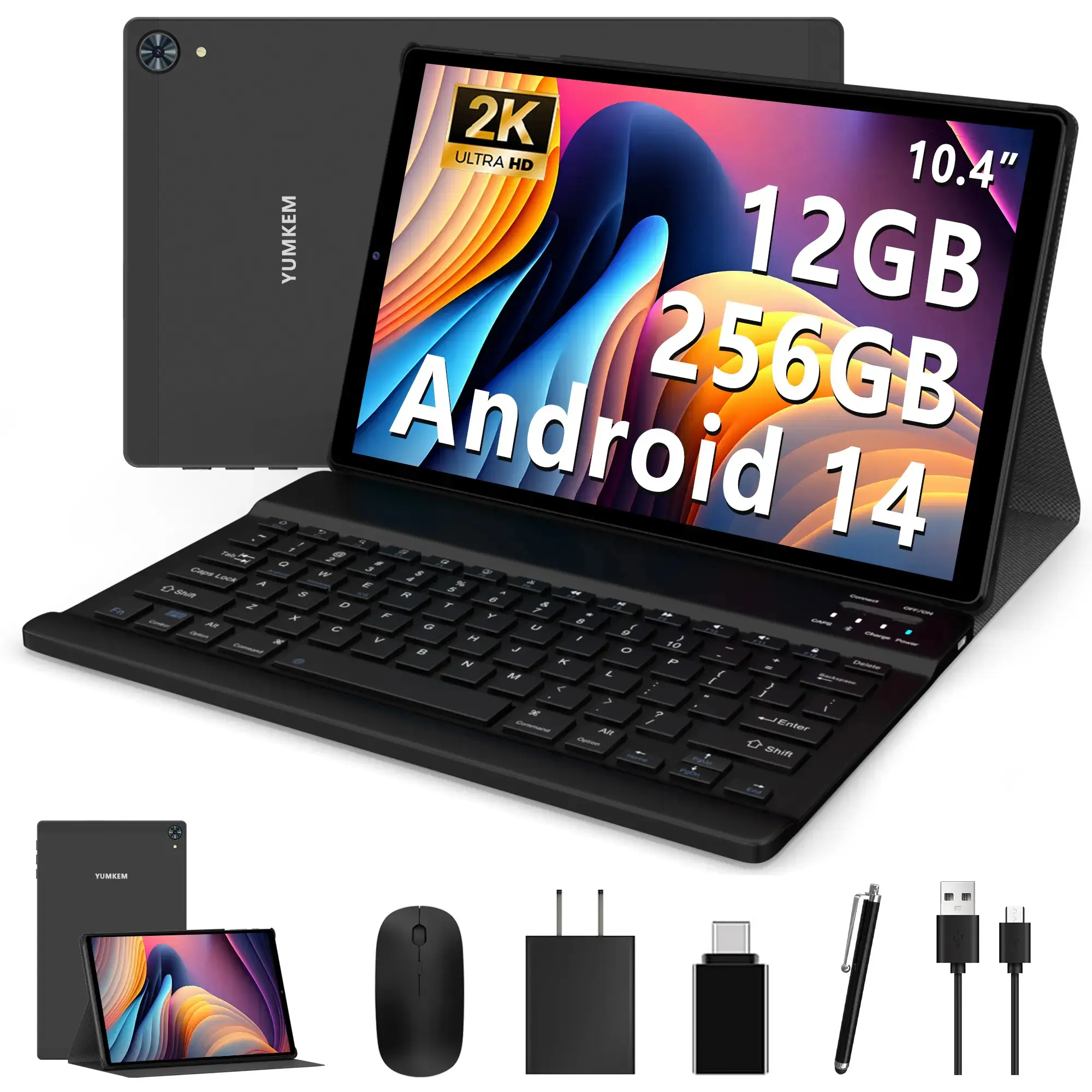 YUMKEM Android 14 Tablet Bundle, 10.3 Inch 2K IPS Display 2000 x 1200, Octa-Core Processor, 6+6GB RAM 256GB Storage 1TB Expandable, 8000mAh Battery, Dual-Band 2.4G/5G WiFi, 5MP+8MP Cameras, Keyboard, Mouse, Stylus & Protective Case, WiFi-Only TabletPC, To