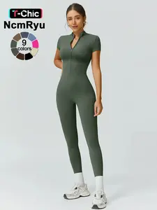 Women's High Elastic Soft Collar Half-Zip Tight Waist Tight Hip Yoga Suit Outdoor Running, Cycling, Mountaineering, Walking, Naked Body Clothes Gym Sports Training Workout Jumpsuit All-Match Short-Sleeved Pants Sporty Comfy Jumpsuit