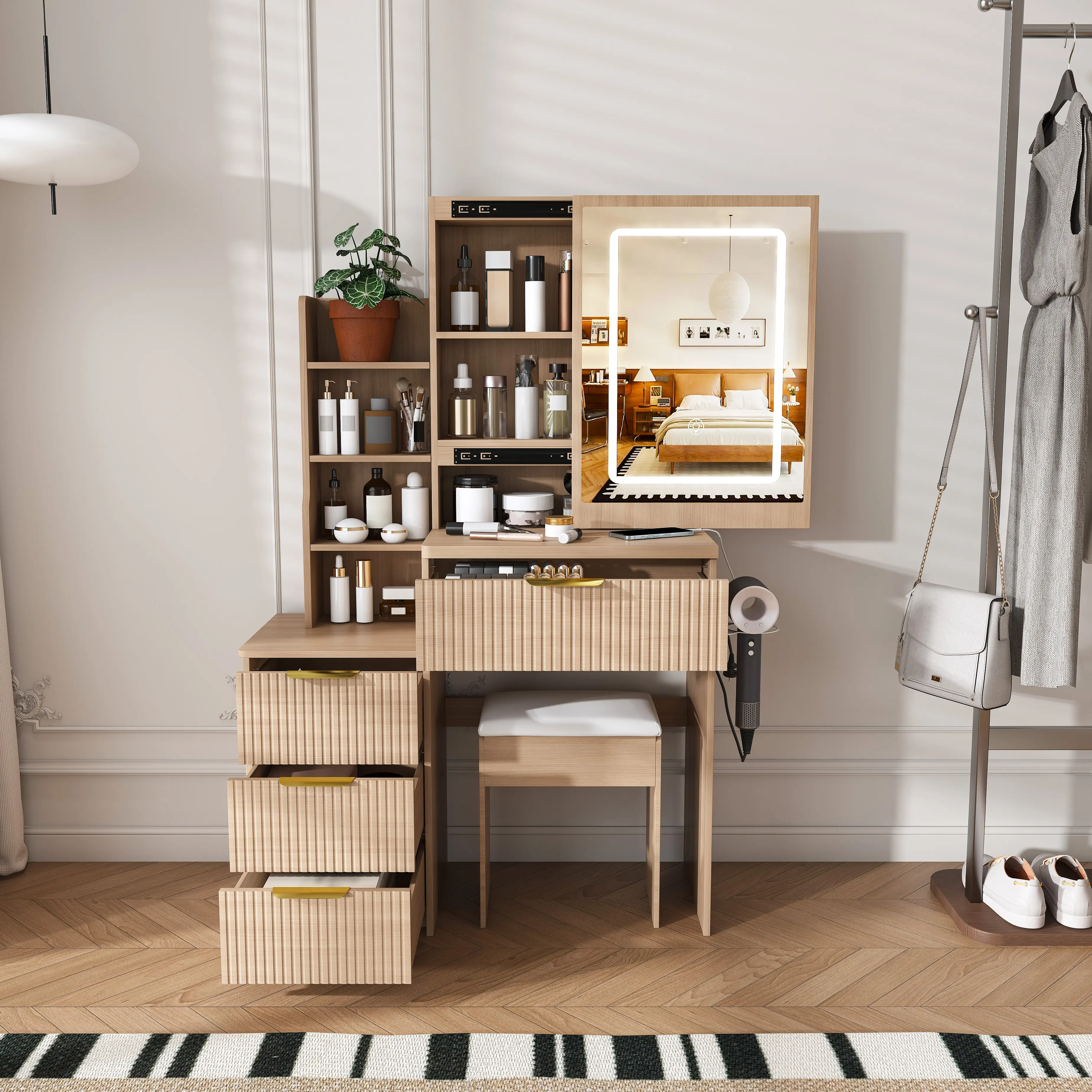 Modern Vanity Desk ,featuring 3 modes of LED lighting with adjustable brightness , with 4 drawers and multiple open storage shelves, with a hair dryer holder and power socket, a dressing chair，Natural Wood