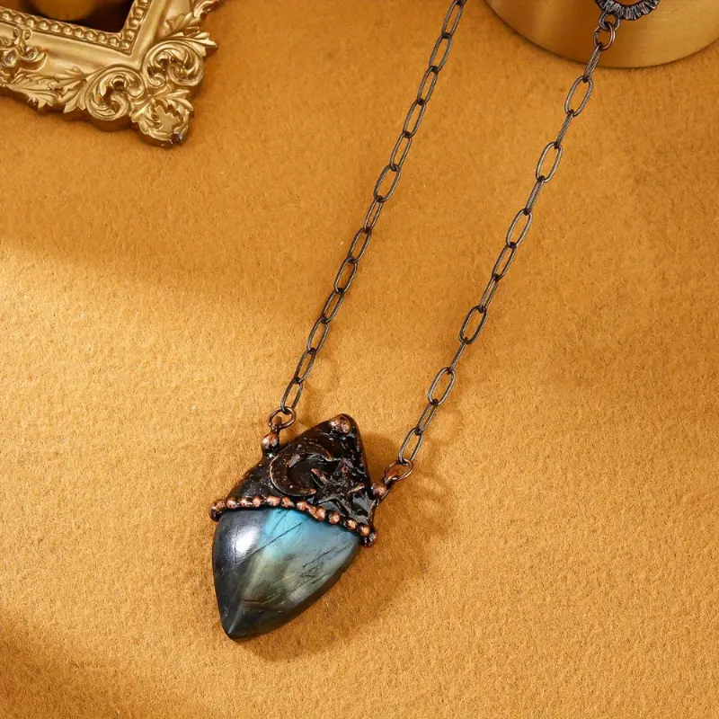 Natural Labradorite Pendant Necklace for Women, Vintage Moon and Star Charm in Antique Copper, Collectible Costume Jewelry for Party & Daily Wear, Antique Collector Items, Adults