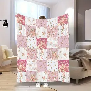 1 Cozy Pink and White Floral Patchwork Fleece Blanket- With a vintage garden pattern, perfect for naps camping, machine washable