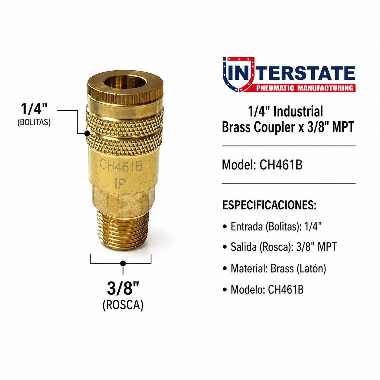1/4"-3/8" Industrial Brass Quick Connect Fitting - 3/8" MPT Threads, Corrosion Resistant Coupling, Rapid Fit Accessory for Pneumatic Tools, Carpentry & Construction Equipment, Model CH461B, Inches Measurement Quick Connect Fittings