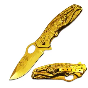 DK 5583-GD 4.5" Heavy Duty Gold Wolf Metal Handle Utility Knife with Belt Clip, EDC Mens Gift, Outdoor Tool