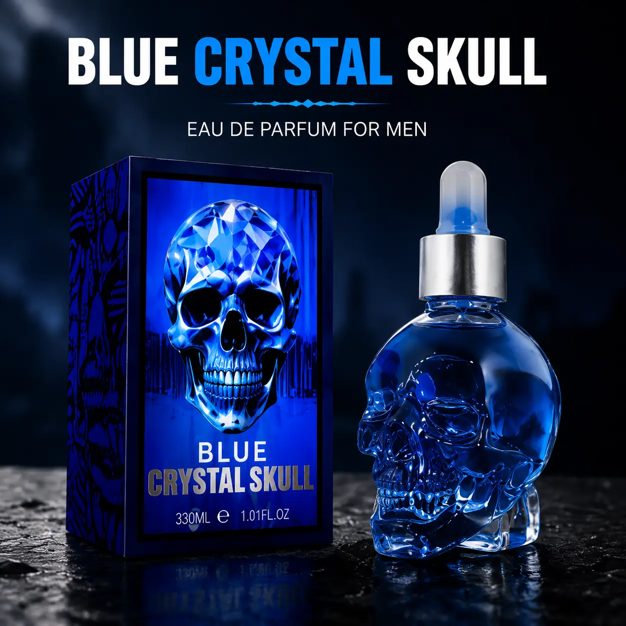 SJOPA Blue Crystal Skull Perfume Oil for Men 1.01oz Dropper Bottle Long-Lasting Fresh Scent with Subtle Woody Notes Halloween Gift Idea Woody Spicy Men's Perfume for Confidence & Charm Halloween Mystery Men's Perfume Pack Men's Spicy Oriental Wood Perfume