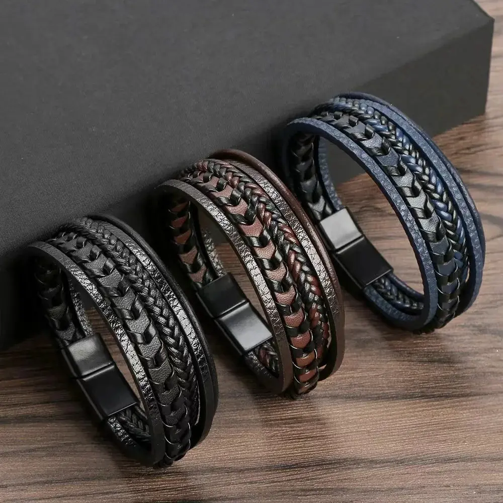 Men's Accessories 3-Pack Retro Leather Rope Braided Multi-Layer Bracelets - Alloy Magnetic Buckle, Fashion Dressing Charms, Unique Gifts for Man, Bag Accessories for Adults, Bracelets Stack, Link Bracelet Set