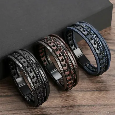 Men's 3pcs Multi-Layered Retro Leather Rope Braided Bracelets Stack - Alloy Magnetic Buckle, Fashionable Bracelet, Layered Link Set, Luggage Bag Accessory, Unique Men's Gift