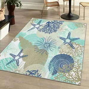 Coastal Area Rugs Nautical Beach Themed Non-Slip Machine Washable Rugs Modern Floor Carpet for Living Room Bedroom, 8x10, Navy