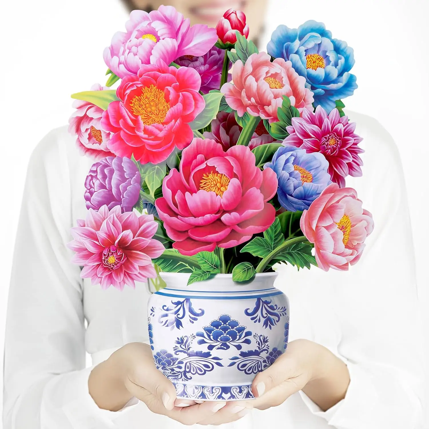 Pop Up Flower Bouquet Card for Women, 3D Floral Greeting Card with Envelope and Note, Birthday Thank You Thinking of You Get Well Gift for Mom Friend Wife Teacher, Peony