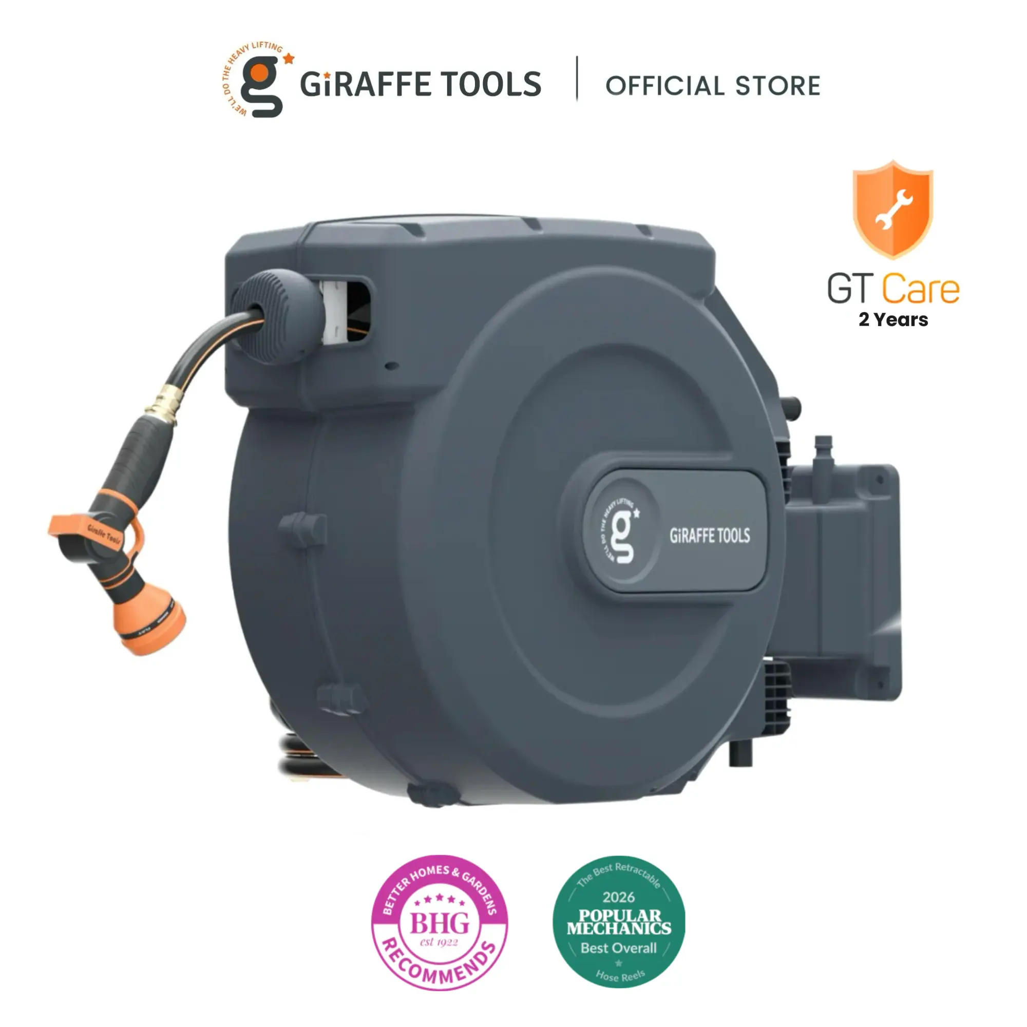 [SummerFinds] 115ft+5 ft 5/8in Giraffe Tools Retractable Garden Hose Reel Bob Vila Best overall Heavy Duty Wall Mounted Water Hose Reel Automatic Rewind, 180 Deg Swivel Bracket, Slow Retraction,9 adjustable Nozzle, 2 years warranty, SummerWins