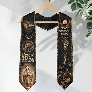 Personalized Black & Gold Aztec Graduation Stole – Custom Mexico Virgin Mary Heritage Sash, Class of 2026