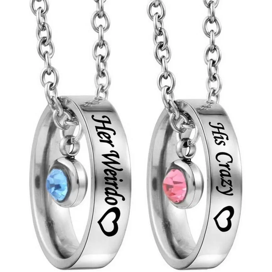 Matching Necklaces for Couples, His and Hers Engraved Rhinestone Ring Pendant Necklace Gifts for Boyfriends Girlfriends
